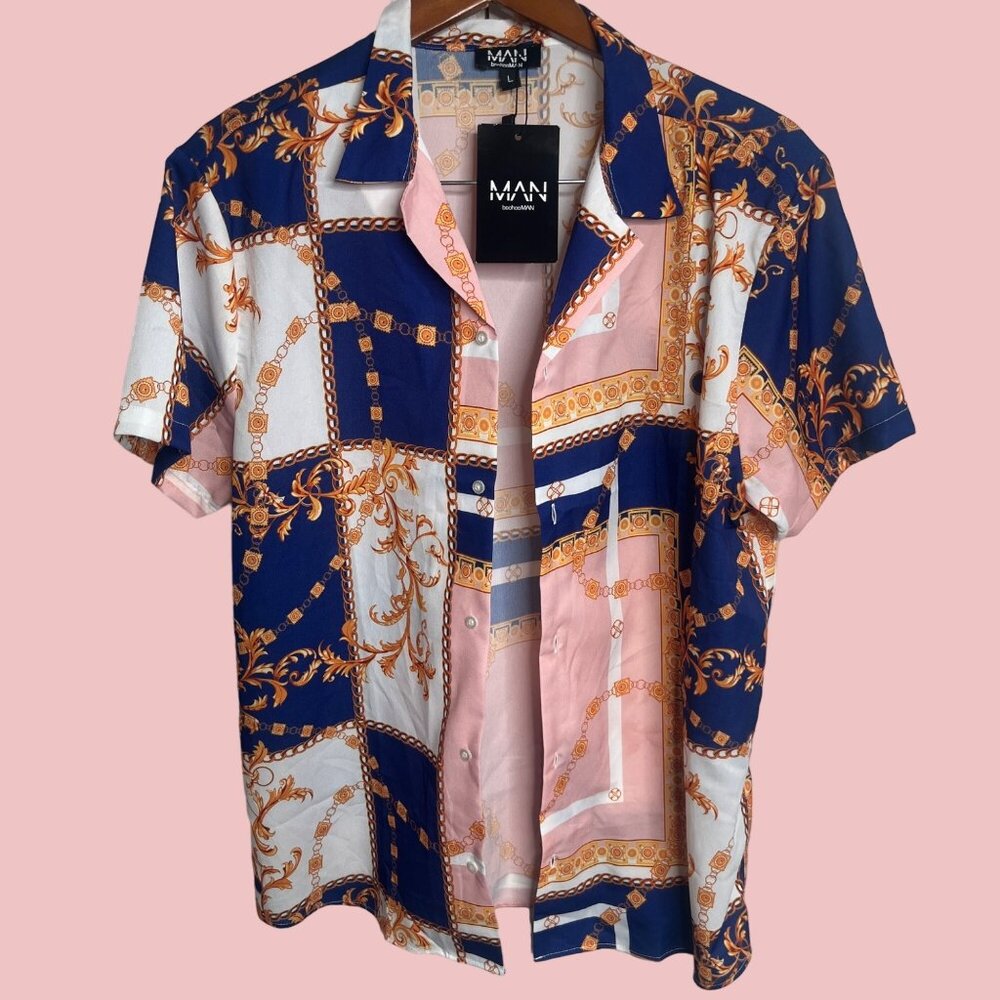 BoohooMAN Mens Large Gold Chain Pattern Button‎ Up Short Sleeve NWT
